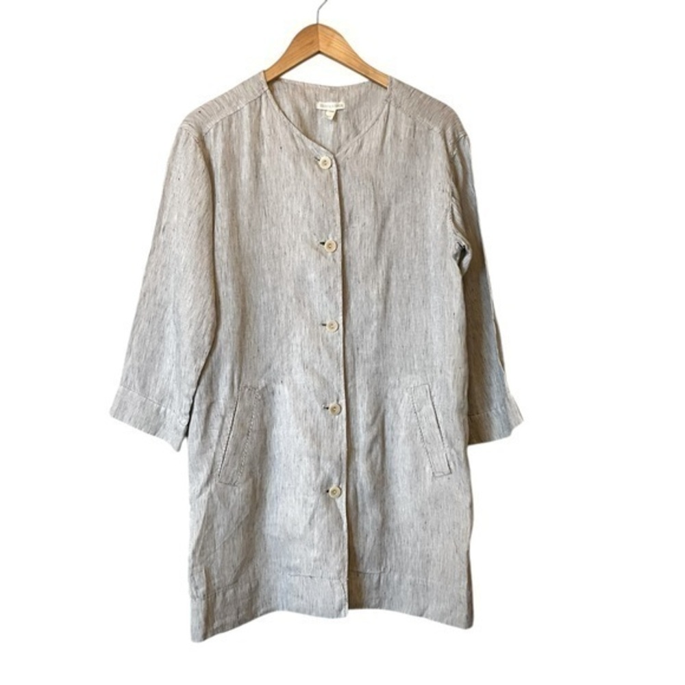 Eileen Fisher 100% organic linen blue and white pinstriped unlined jacket, S